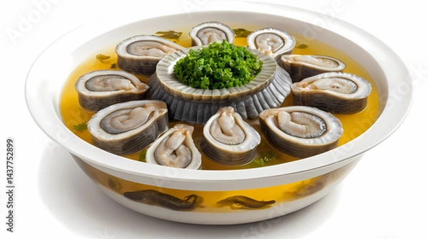 Fototapeta Jellied eels, beautifully served on a plate, presented against a clean white background. A traditional dish with vibrant appeal, perfect for food photography enthusiasts and lovers of classic British 