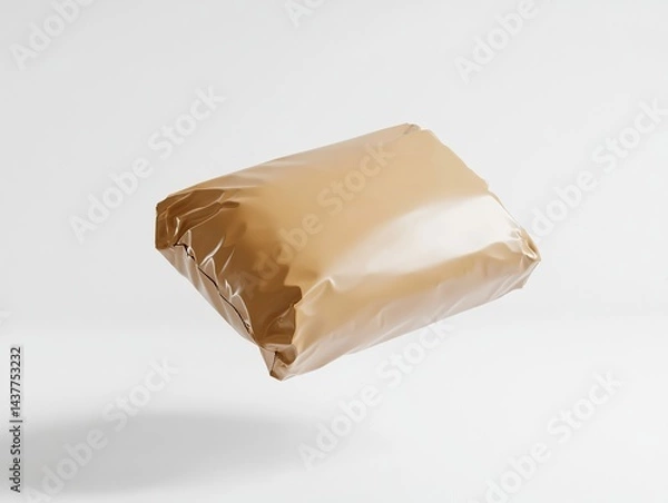 Obraz Tan package floats in studio, its shape amorphous yet defined against a bright background, casting a soft shadow.