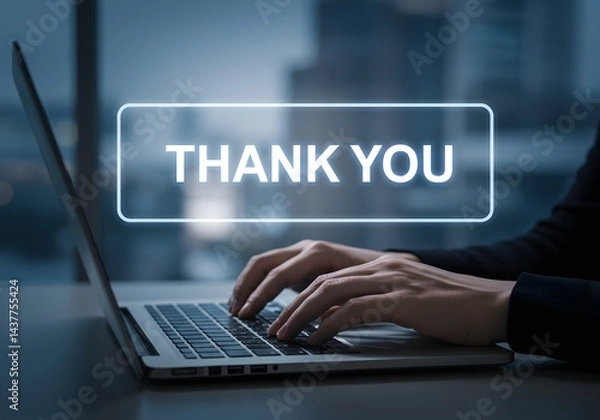 Fototapeta Person Typing Thank You on Laptop Computer in Office