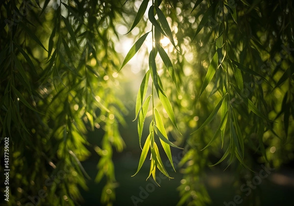 Fototapeta serene backlit willow foliage with sunlight rays shining through delicate hanging branches in spring
