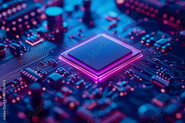Fototapeta Neon-lit Close-up of a Modern CPU Microchip on a Circuit Board
