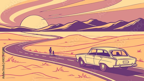 Fototapeta Adventurous Open Road Trip at Sunset Across Desert Landscape