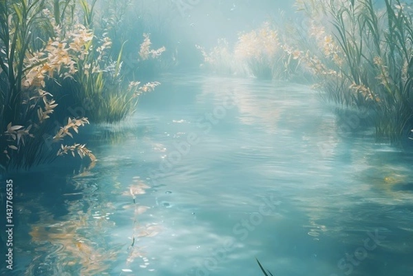 Obraz A tranquil riverbed painted in soft hues, with shimmering reflections and swaying underwater plants.