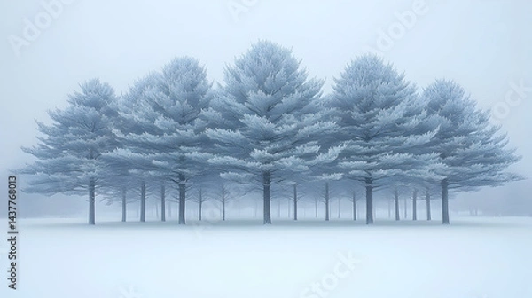 Fototapeta Frosty trees stand in a snowy foggy landscape  A serene winter scene