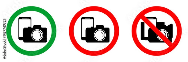 Obraz photo video recording not allowed red circle sign, green allowed round vector icon, 3 pictogram collection