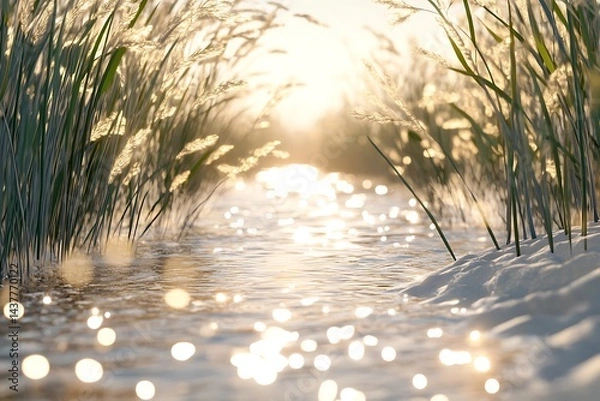 Obraz A tranquil riverbed scene with shimmering sunlight and gently swaying reeds.