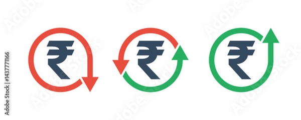 Obraz indian rupee currency symbol and round arrows up down, change costs marker, inflation growth or fall inflation indicator, tax up or down icon