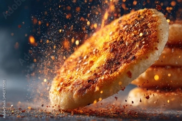Fototapeta Spiced Naan Bread with Fiery Seasoning and Flames, Bold Flavor Explosion Concept
