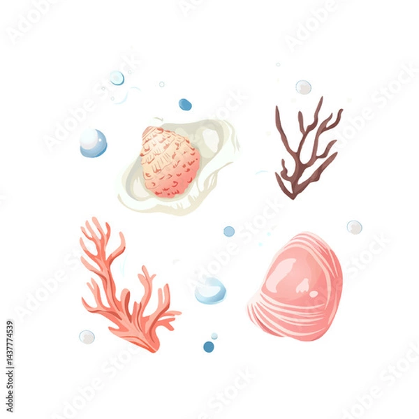 Fototapeta Hand Drawn Ocean Seashells and Starfish Clipart. Pastel Marine Shells and Starfish Elements Set