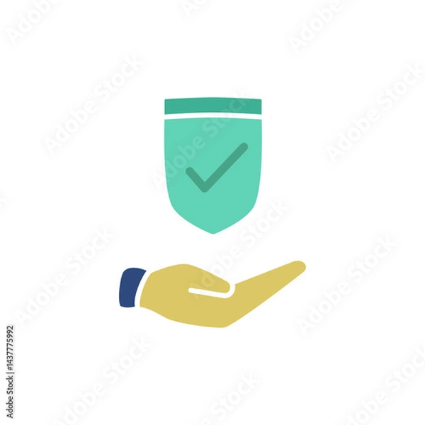 Fototapeta hand icon holding protective shield with check mark, person working on laptop, simple flat style, illustration, logo sign symbol pictogram template, for ui or ux isolated on white for mobile app