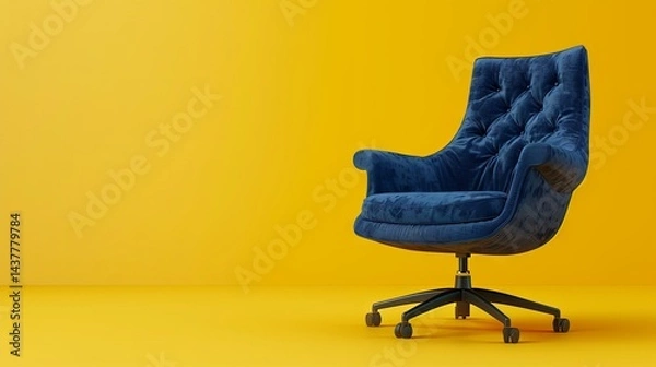 Fototapeta Blue chic velvet armchair on yellow isolated background with copy space. Minimal banner, mockup, template, poster. Comfort that inspires. 