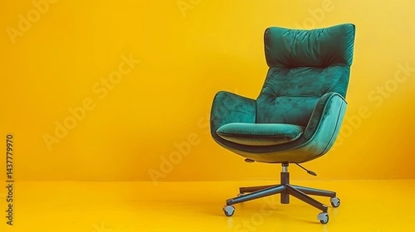 Fototapeta Green chic velvet armchair on yellow isolated background with copy space. Minimal banner, mockup, template, poster. Comfort inspiring 