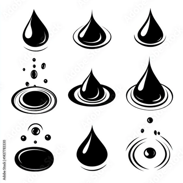 Obraz Water drop icons, ripple effect, splash, liquid, graphic design elements, website, illustration