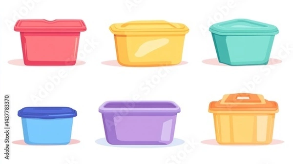 Obraz Colorful plastic storage containers, organization, home, various shapes and sizes, background white, for websites or blogs