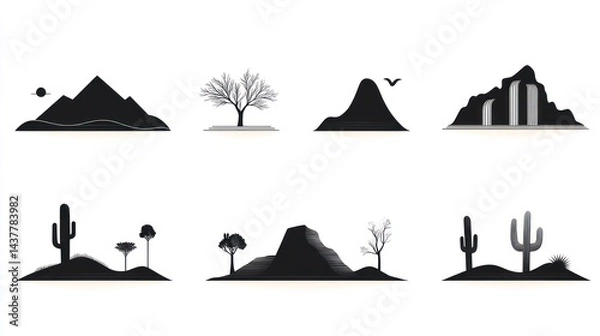 Obraz Desert landscape icons mountains, cacti, trees; design elements
