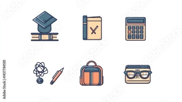 Obraz Education icons books, graduation cap, calculator, backpack, glasses, atom, and pencil; website design