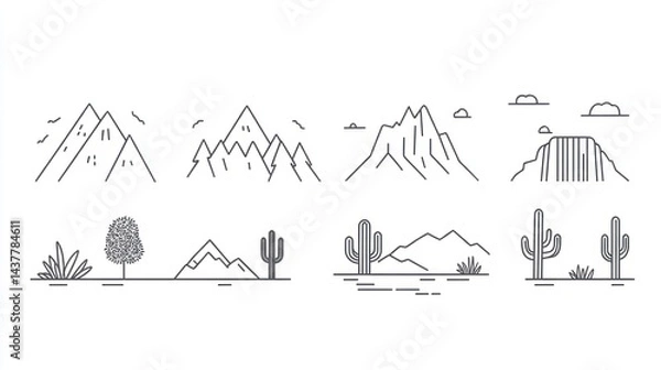Obraz Minimalist desert landscape icons; mountains, cacti, waterfall; travel brochure design