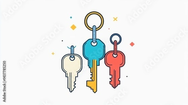Obraz Colorful keys on keyring, white background, security concept, website illustration