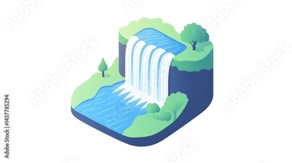 Obraz Isometric Waterfall Nature Scene, Lush Greenery, Tranquil River, Background for Travel Brochure