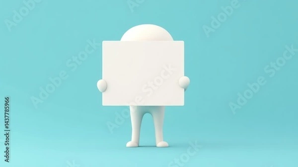 Obraz Humanoid figure holds a blank sign on soft blue background for message display