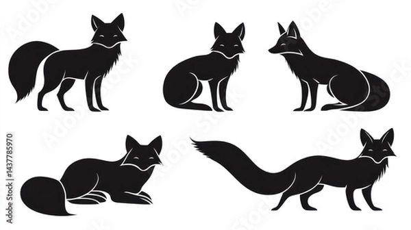 Obraz Six fox silhouettes, various poses, white background, wildlife illustration, design element