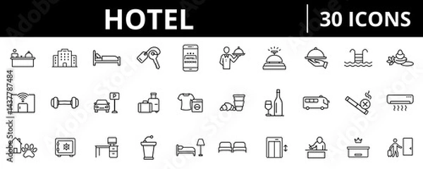 Obraz Hotel outline icon set featuring hospitality, accommodation, booking, services, and travel concepts. Editable stroke, professional clean style

