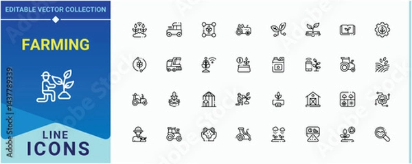 Fototapeta Farming line icon set. Includes thin line symbols harvest, plant, gardening, garden and more. Agriculture icon set. Set of line pictogram. Pixel perfect. Editable vector.