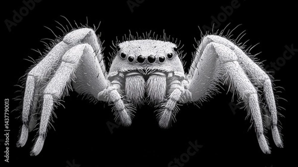 Fototapeta close-up of a detailed microscopic white spider on black background emphasizing texture and anatomy