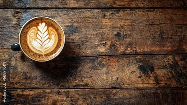 Fototapeta delicious latte art coffee on rustic wooden table