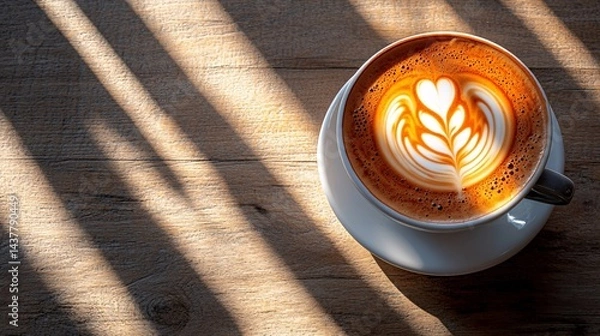 Fototapeta artfully crafted latte with heart and leaf foam design on wooden surface