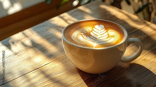 Fototapeta delicious latte art coffee in white mug on wooden table with sunlight