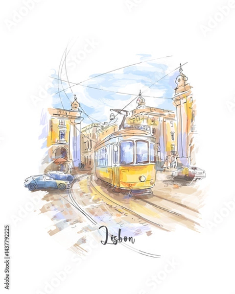 Obraz Hand drawn vector sketch of famous Lisbon yellow tram 28, old town street, colorful historic architecture, watercolor style illustration. Travel concept