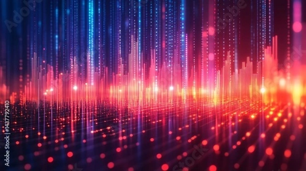 Fototapeta futuristic digital data visualization with bright neon lights and abstract technology background