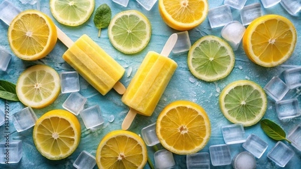Fototapeta Refreshing Homemade Citrus Ice Pops with Slices of Lemon and Lime on a Cool Blue Background