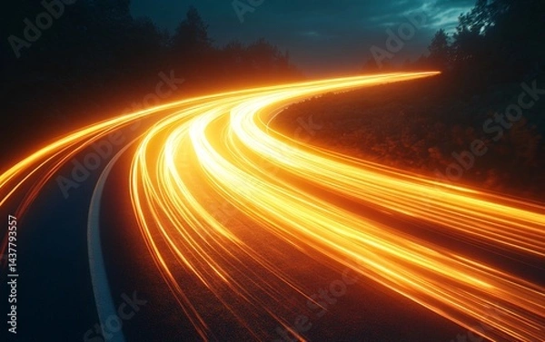 Fototapeta dynamic light trails on a winding road at night with long exposure photography