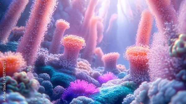 Fototapeta vibrant coral reef underwater scene with colorful marine life and soft light reflection
