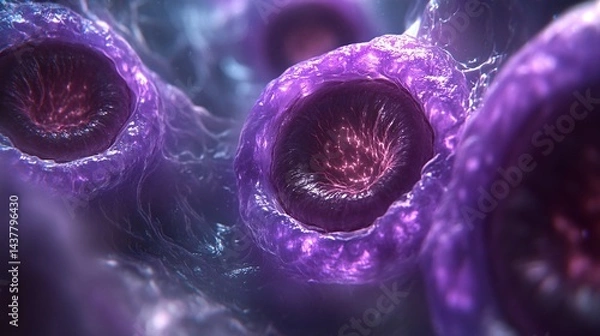 Fototapeta abstract organic cellular structure with glowing purple and pink highlights for science and technology visuals