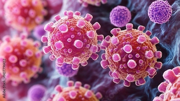 Fototapeta highly detailed 3d illustration of viruses and covid-19 particles for medical, scientific, or education use