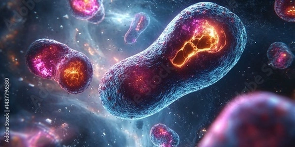 Fototapeta digitally enhanced microscopic view of bacteria showing cellular structures and bioluminescence in vibrant neon colors