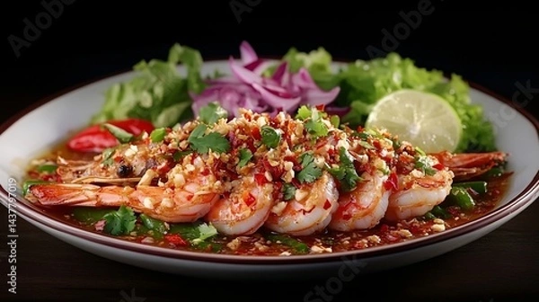 Fototapeta fresh spicy shrimp salad with lime and vegetables