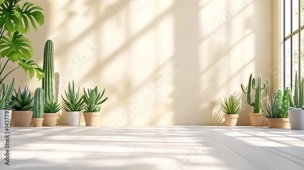 Fototapeta serene indoor garden with potted cacti and succulents in warm sunlight