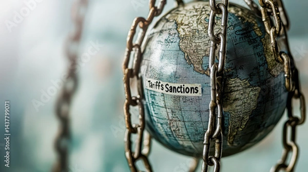 Fototapeta Globe wrapped in heavy metal chains with tariffs and sanctions label, symbolizing economic pressure, trade restriction, and global constraints through powerful visual metaphor.