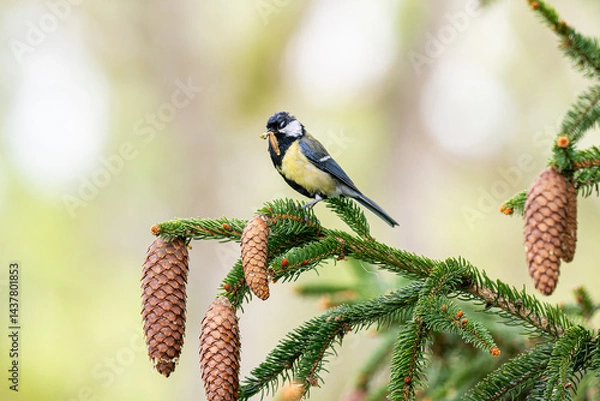 Fototapeta Mésange charbonnière perchée sur une branche de sapin