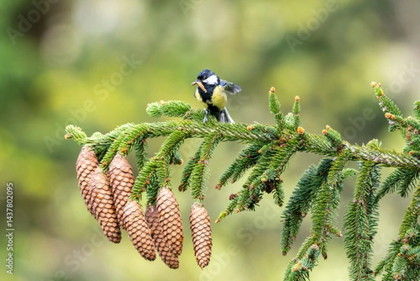 Fototapeta Mésange charbonnière perchée sur une branche de sapin