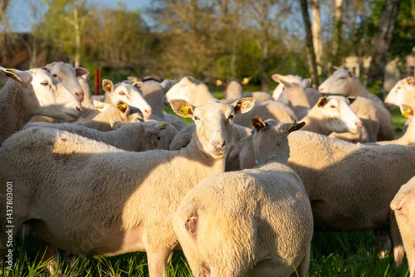 Fototapeta Troupeau de moutons paissant dans un pâturage verdoyant en pleine nature