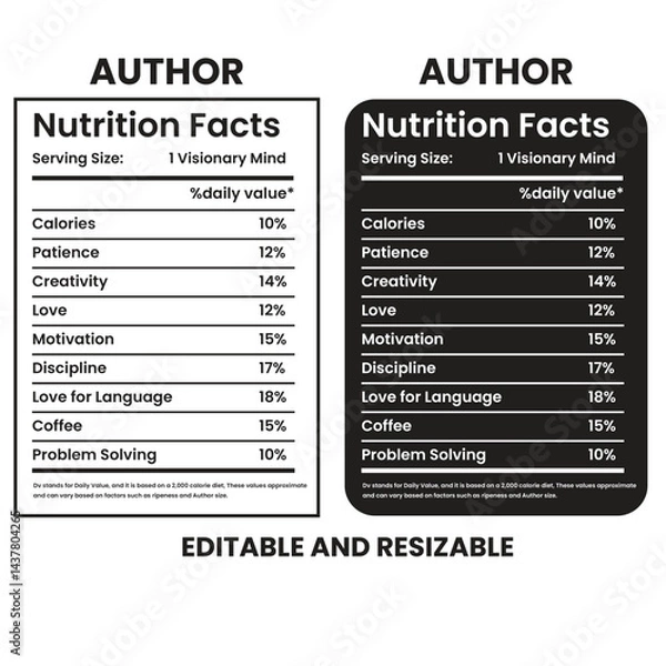 Fototapeta Author Nutrition Facts,nutrition facts, nutrition Label,twisted tea nutrition facts,nutrition calculator,Marriage gift nutrition facts,vector design