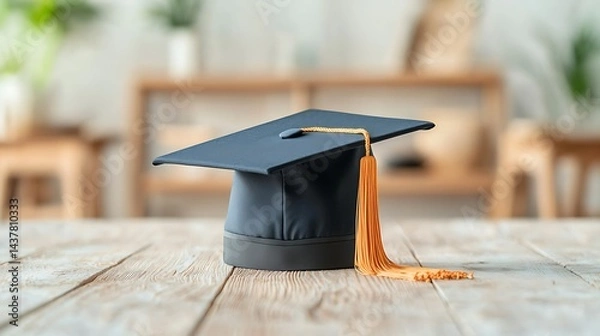 Fototapeta Graduation cap with tassel sits on a wooden table, soft background