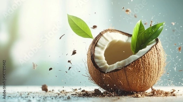 Fototapeta Fresh Coconut Breaking Open with Leaves and Shattering Shell in Bright Natural Light
