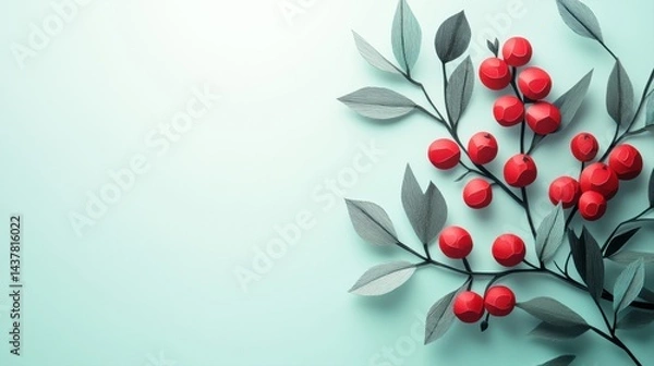 Fototapeta Delicate Paper Craft with Red Berries and Green Leaves on Soft Mint Background for Creative Projects