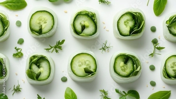 Fototapeta Freshly Sliced Cucumbers and Green Herbs on White Background for Healthy Diet and Culinary Inspiration